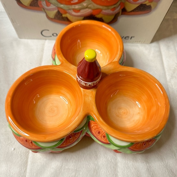 New Pacific Vintage Cheeseburger Tri-Server Condiment Dish w/Ketchup Bottle Knob - Picture 9 of 14